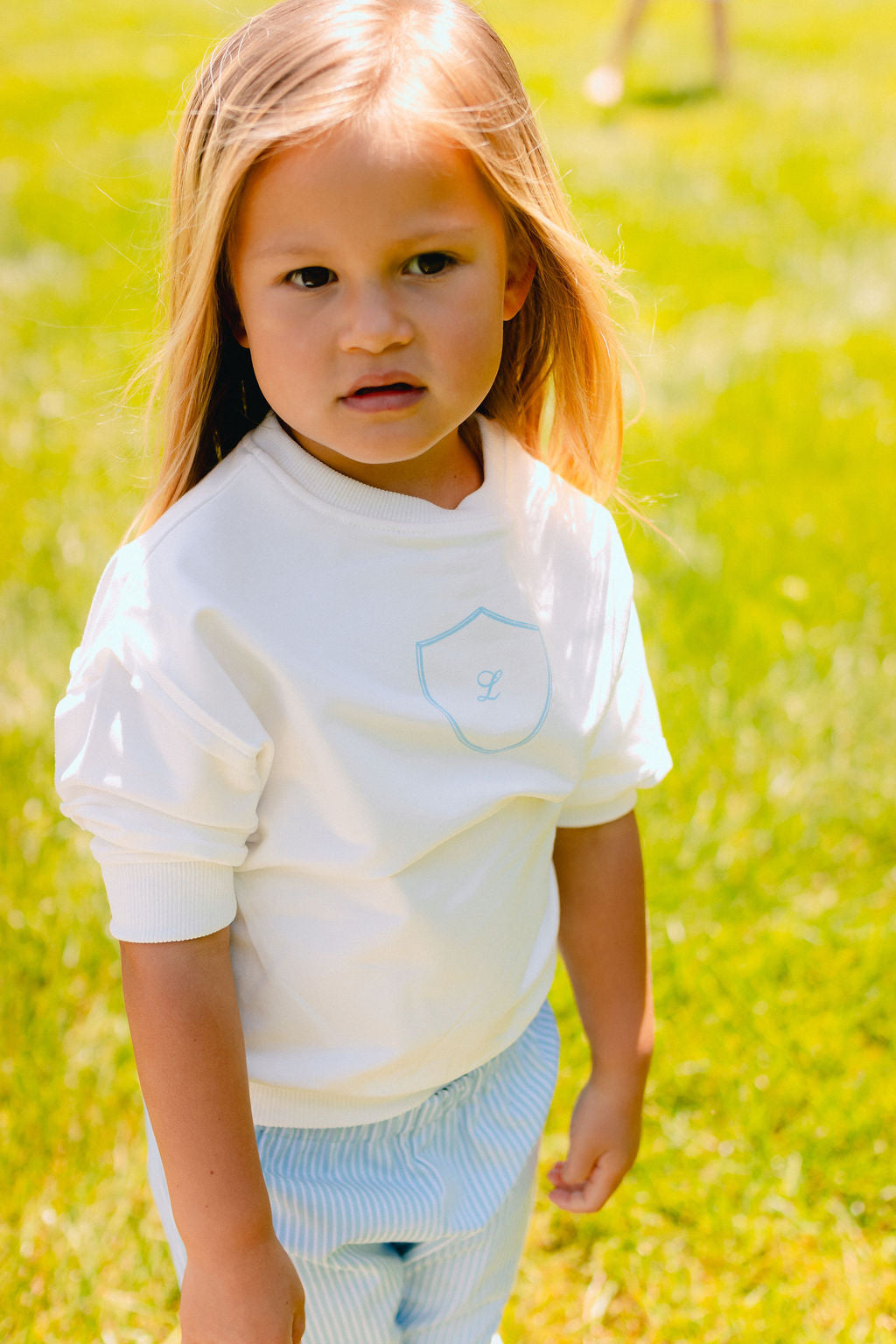 Print Emblem Top - Winter White/ Lt. Blue