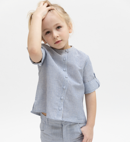Linen Striped Short Pants - Blue
