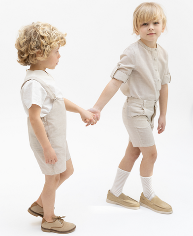 Baby Linen Striped Overall - Beige