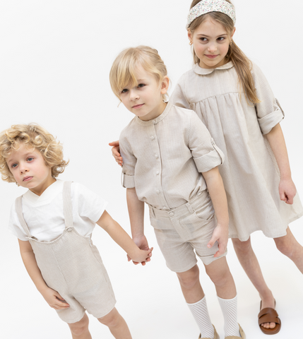 Baby Linen Striped Overall - Beige