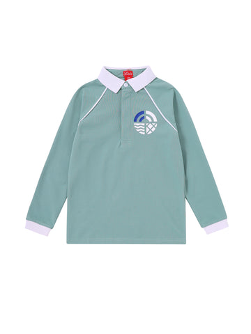 Side Print Long Sleeve Polo - Seafoam/White