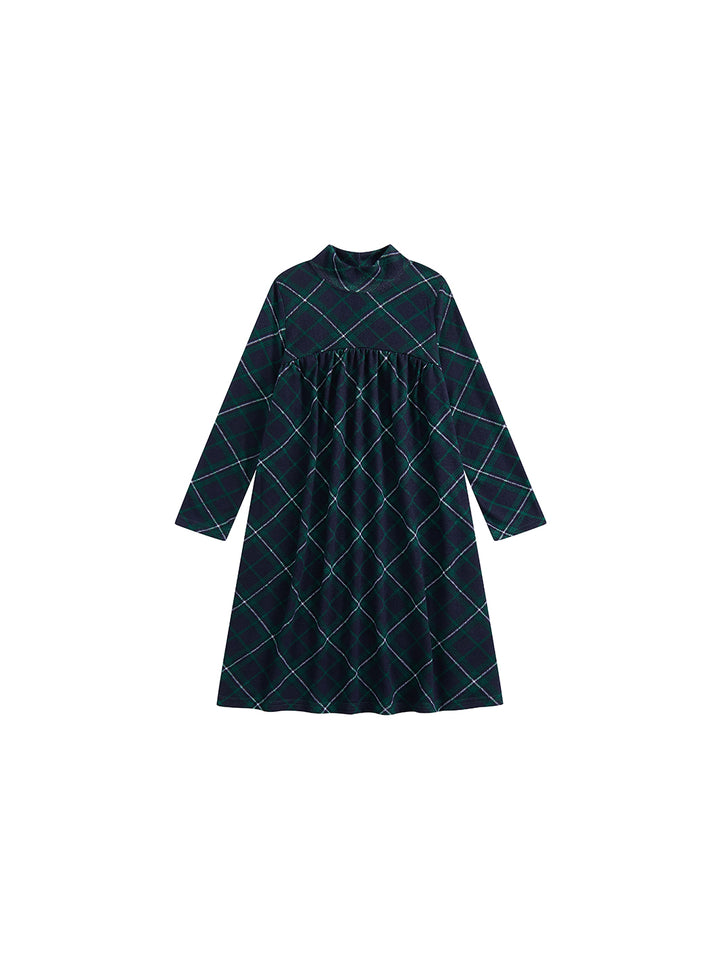 Plaid Mock Neck Dress - Green