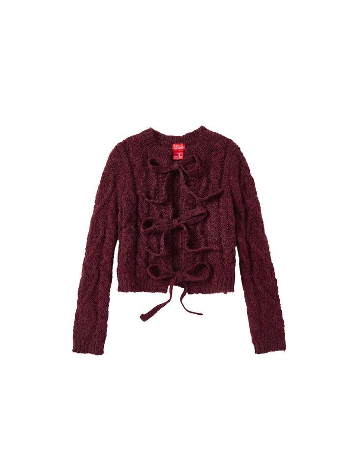 Cable Knit Bow Sweater - Burgundy