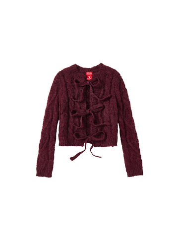 Cable Knit Bow Sweater - Burgundy