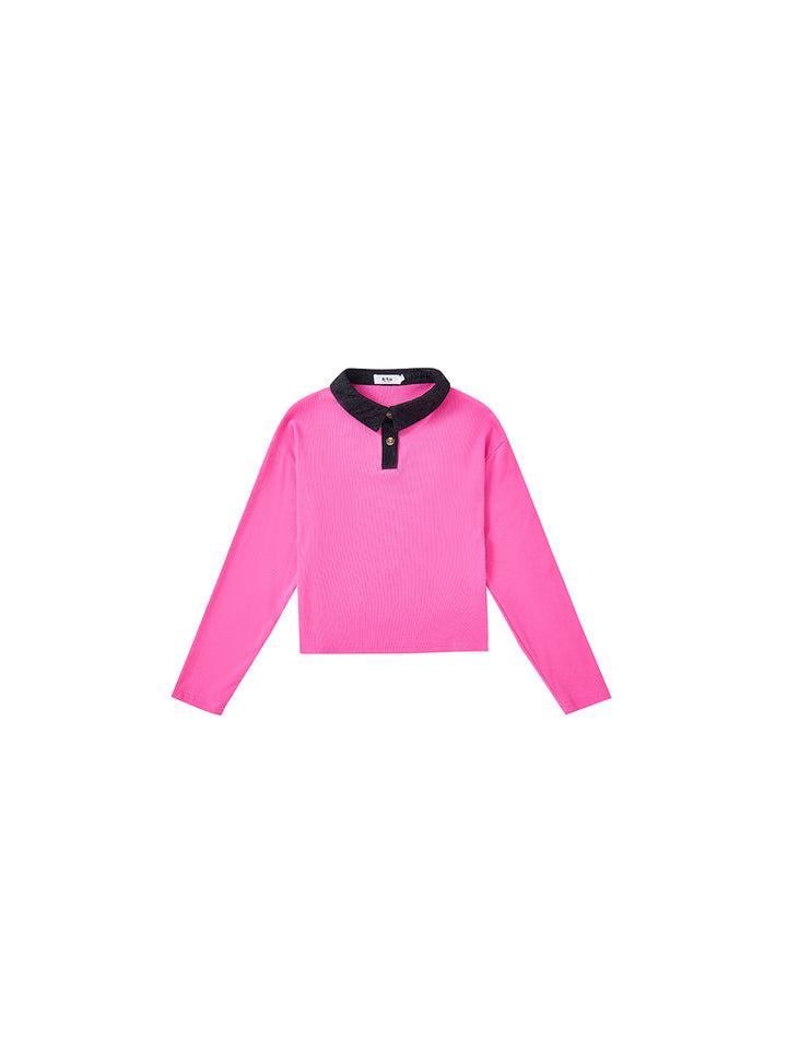 & Lu Collared Denim Crop T-Shirt - Pink