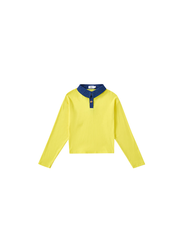 & Lu Collared Denim Crop T-Shirt - Yellow