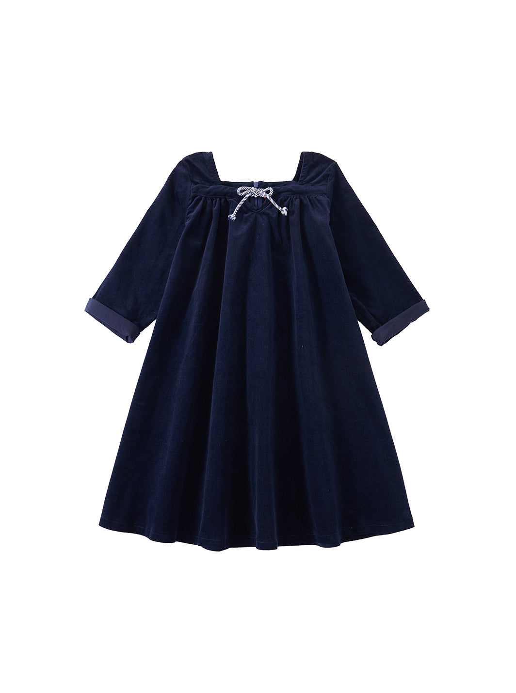 Cord & Check Trim Dress - Navy