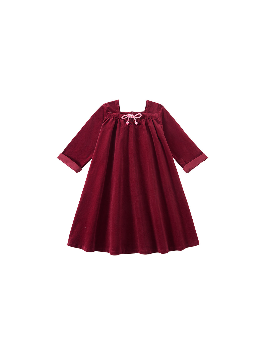 Cord & Check Trim Dress - Burgundy