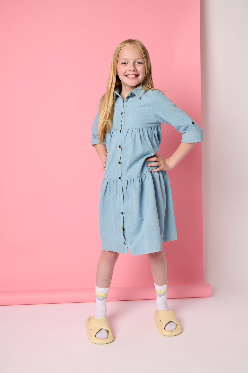 Denim Trim Dress - Pale Blue Denim Lulu Kids Clothing Denim Trim Dress - Pale Blue Denim Lulu Kids Clothing