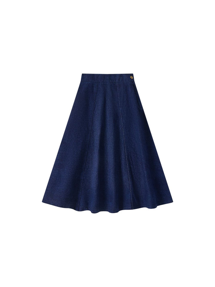 & Lu Denim Paneled Tea Length Skirt - Dk. Blue