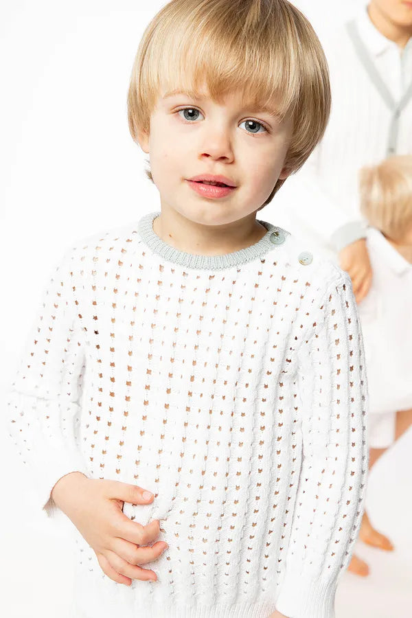 Eyelet Rib Stitch Sweater - White/Smoky Lt. Blue