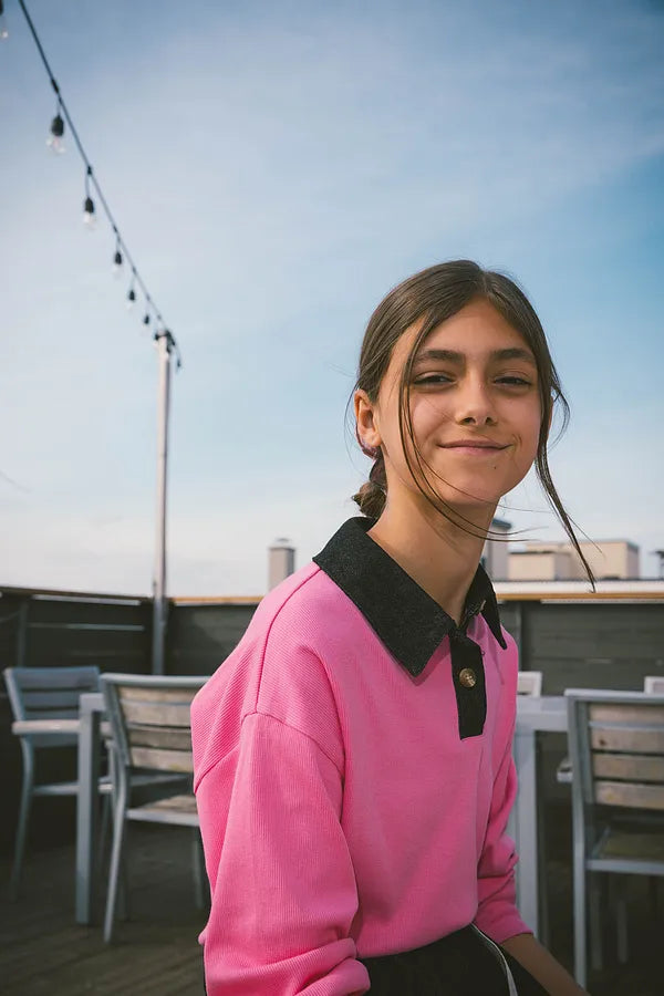 & Lu Collared Denim Crop T-Shirt - Pink